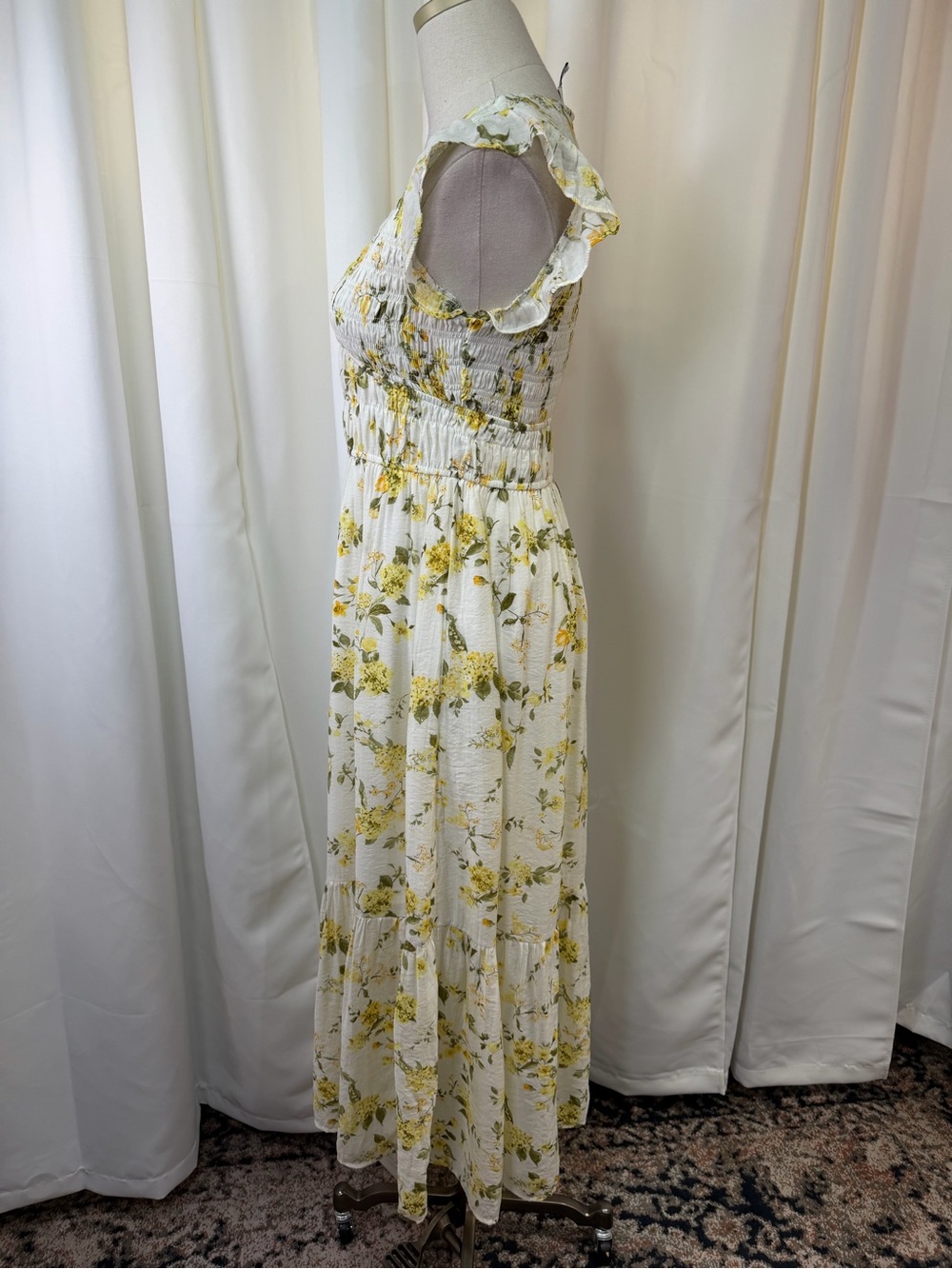 Joie Smocked Yellow Floral V-Neck Midi Dress with Ruffle Cap Sleeves Size Small - Picture 8 of 15